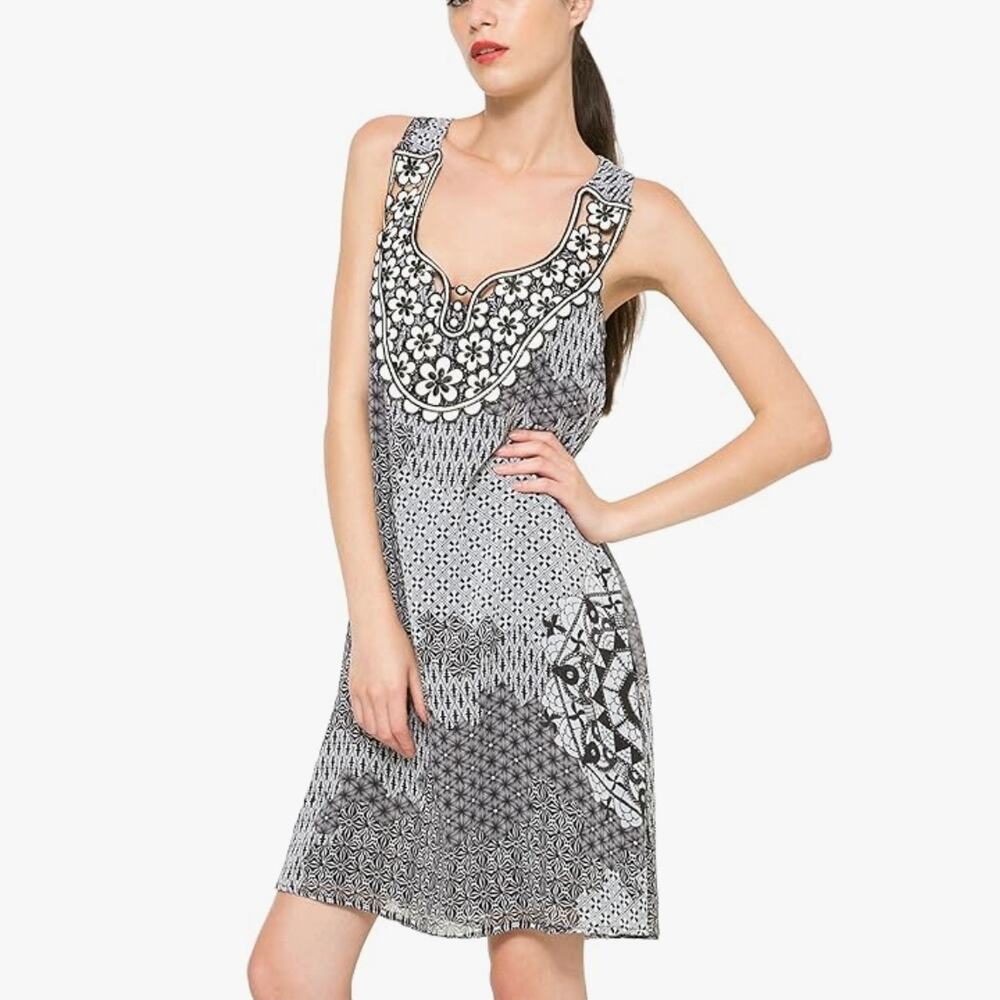 Desigual Sleeveless Woven Mini Dress - Floral - Black + White - Size 36 - Small